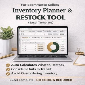Può includere: Un laptop mostra un modello Excel per la pianificazione dell'inventario e il riassortimento. Lo schermo mostra tabelle di dati, grafici e il testo "Inventory Planner & Restock Tool". È visibile anche il testo "Excel Template - NO CODING REQUIRED".