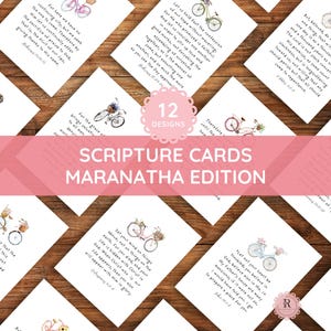 Conjunto de 12 cartões de escrituras Maranatha para impressão, cartões de versículos bíblicos para memorização, encorajamento para almas cansadas, cartões de notas com design de bicicleta em aquarela