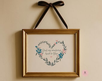 Arte mural cristiano vintage inspirador con corona floral para decoración del hogar. Une mi corazón errante a ti. Estilo cottagecore imprimible. Descarga digital.