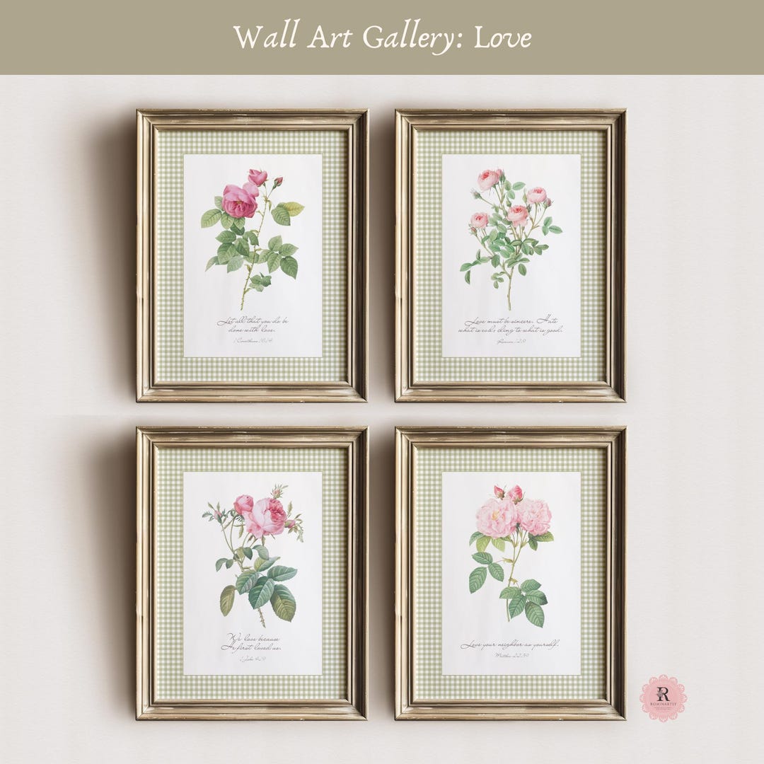 Wall Art Set of 4 Christian Vintage Rose With Sage Green Gingham Border ...