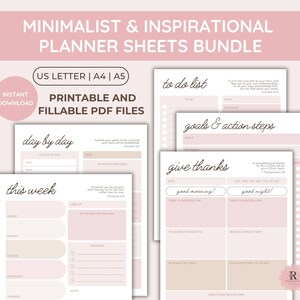 Planificador minimalista inspirador, imprimible cristiano, tamaño carta/A4/A5 (imprimible y rellenable en PDF), lista de objetivos diarios y semanales.