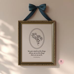 Colosenses 3:2 Arte de pared cristiano vintage con versículo bíblico imprimible, póster botánico, decoración para el hogar estilo cottagecore antiguo