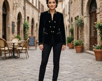 Chaqueta militar de terciopelo reciclado con detalles dorados.