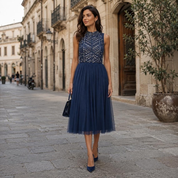 beaded wedding guest dresses Blue Midi Dress, Art Deco Gown, Hand-embellished Cocktail Outfit Sleeves Size:14 US - 47 EU filters:Navy Black Long Sleeve Mini Elegant beaded satin lace