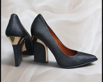 Vintage By Malene Birger Black Leather Y2K Heels Size 36 Gold Trim Pumps