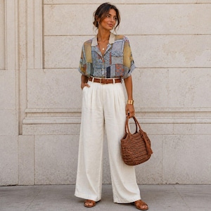 Vintage 80s Bali Fire Silk Blouse Patchwork Short Sleeve Shirt