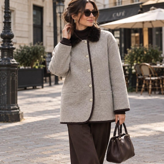 Cacharel, Vintage Cacharel Wool Jacket Faux Fur Collar French Chic Beige Cardigan Coat