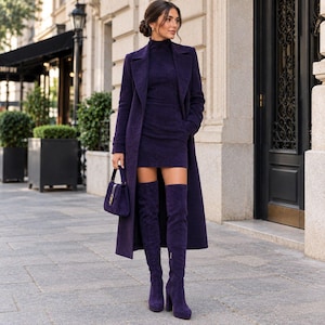 May include: A deep purple ensemble consisting of a long-sleeved mock neck mini dress and a matching long coat with wide lapels. The outfit is paired with matching purple over-the-knee high-heeled boots and a small structured handbag.