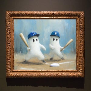 May include: A framed painting of two ghosts playing baseball. The ghosts are wearing baseball caps with the logos of the Los Angeles Dodgers and the New York Yankees. The painting is set against a blue sky background.