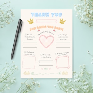 Remerciements à imprimer pour l'enseignant – Pastel et jeu de coloriage | Carte d'appréciation de l'enseignant à remplir par les enfants (lettre US)
