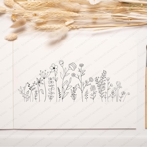 May include: A black and white line drawing of a row of wildflowers. The drawing is on a white background.