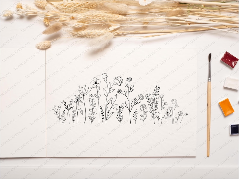 May include: A black and white line drawing of a row of wildflowers. The drawing is on a white background.
