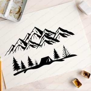 May include: Black and white mountain and camping scene illustration. The design features a mountain range above a campsite with trees, a tent, and a campfire. The artwork is on a white background.