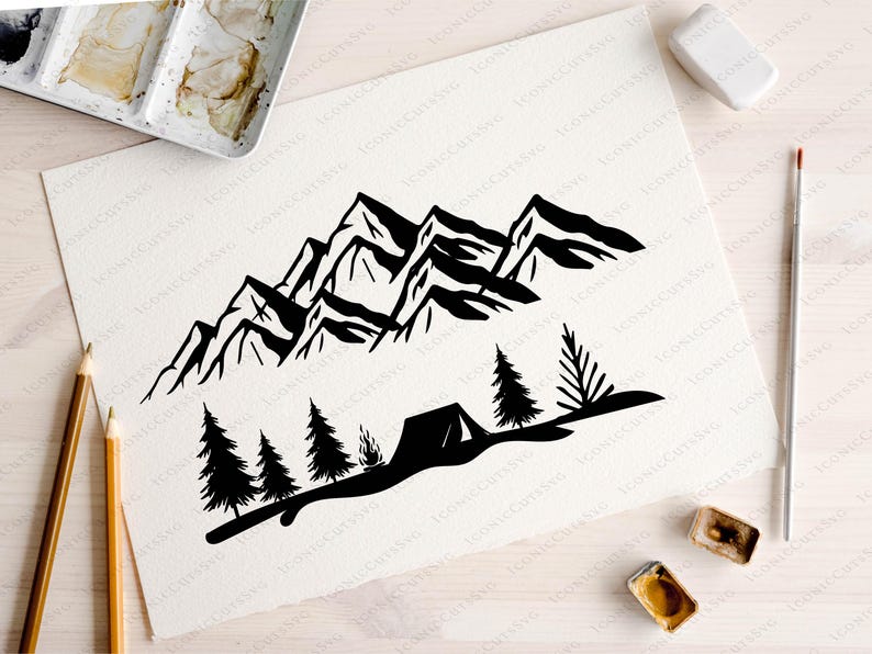 May include: Black and white mountain and camping scene illustration. The design features a mountain range above a campsite with trees, a tent, and a campfire. The artwork is on a white background.