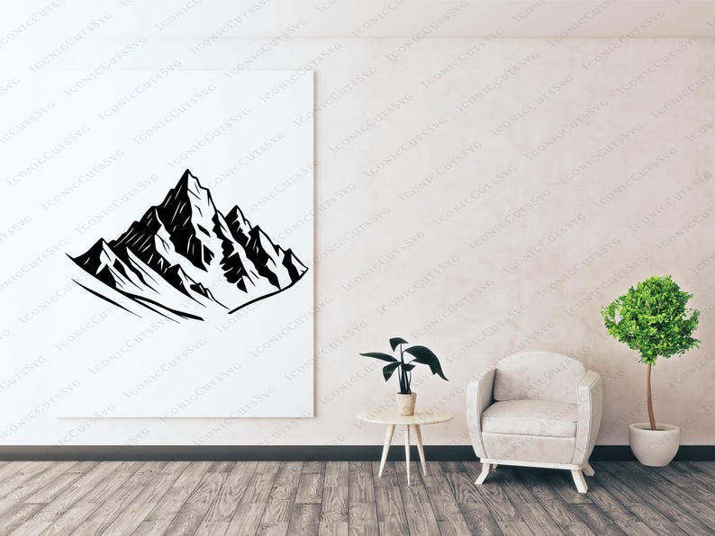 May include: Black and white mountain range art print on a white canvas. The artwork depicts a stylized mountain peak with jagged edges and snow-capped peaks. The print is displayed in a room with a neutral color palette.