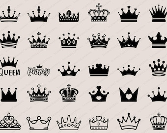 May include: A collection of black crown designs in various styles. Some crowns feature hearts, crosses, and star accents. The words "Queen" and "Princess" are also displayed in the image. The crowns are set against a neutral background.
