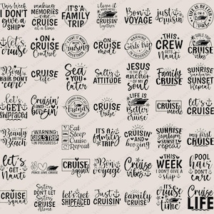 May include: A selection of black and white cruise-themed designs with phrases such as "Cruise Mode," "Let's Cruise," and "Family Cruise." The designs feature anchors, ships, and nautical elements, ideal for cruise enthusiasts.