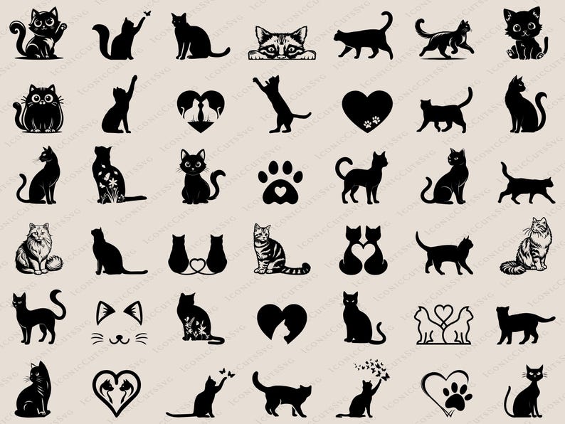 May include: A collection of black and white cat silhouette illustrations. The illustrations include cats in various poses, including sitting, standing, walking, and sleeping. There are also illustrations of hearts, paw prints, and butterflies.