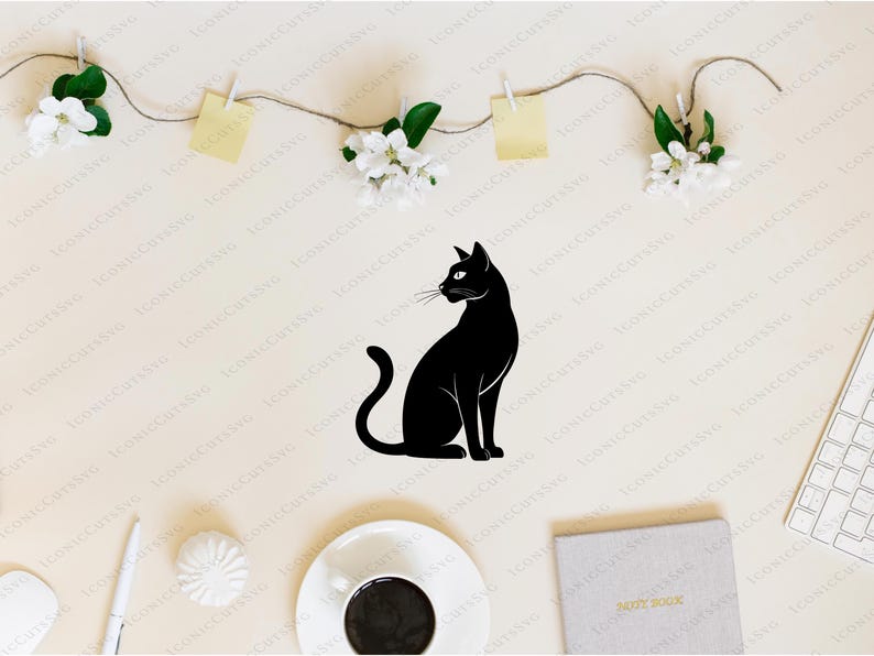May include: A black silhouette of a cat sitting on a white background. The cat is facing to the right and has its tail curled around its body.