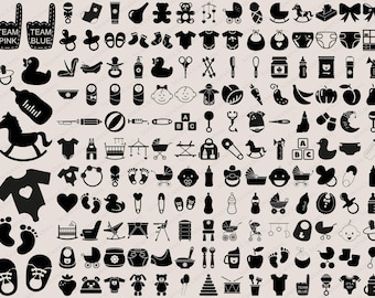 May include: A black and white illustration set of 100 baby icons. The icons include a variety of baby items such as toys, clothing, furniture, and accessories. The icons are arranged in a grid pattern.