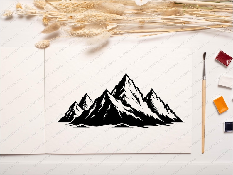 May include: Black and white mountain range illustration. The image features a stylized depiction of several mountain peaks with sharp, jagged edges. The design is set against a neutral background, with a paintbrush and watercolor paints in the corner.