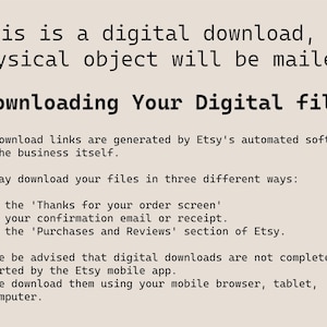 May include: Text on a white background explaining that this is a digital download and no physical object will be mailed. It also explains how to download the digital file from Etsy.