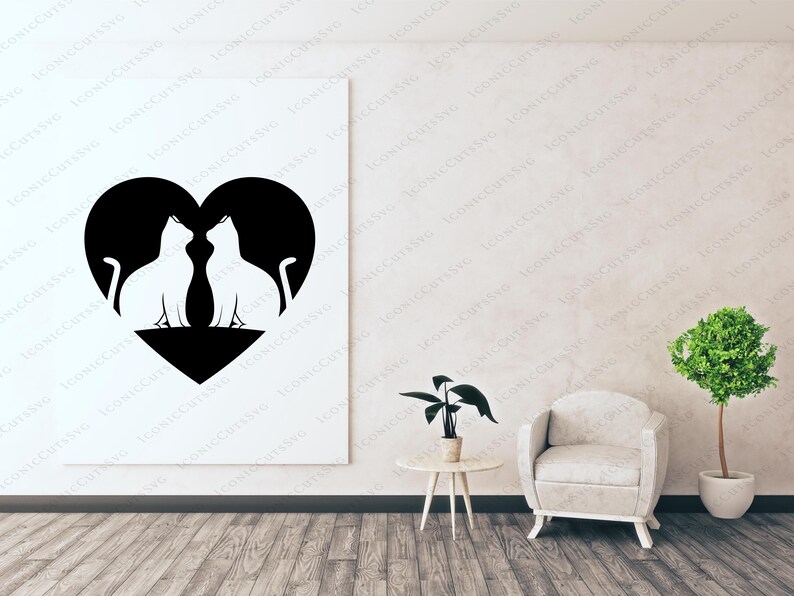 May include: Black silhouette of two cats inside a heart shape. The cats are facing each other and their tails are intertwined. The heart is on a white background.