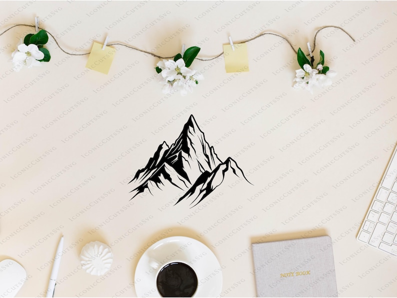 May include: A black and white mountain range graphic. The image features a stylized illustration of a mountain range, with sharp peaks and valleys. The design is simple and modern, suitable for various applications.