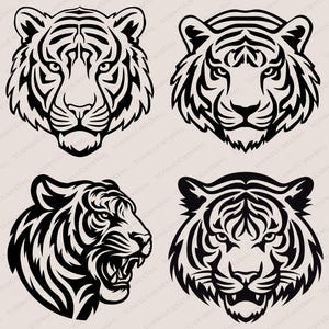 May include: Four black and white tiger head illustrations. Two are frontal views, one is a side profile, and the last is a frontal view with the tiger's mouth open. The designs are detailed and stylized.