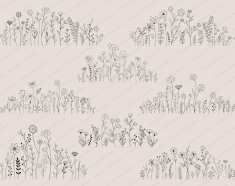 Wildflower Svg Bundle, Flower Meadow Svg, Flower Border SVG, Minimalist Flower Bouquet, Wildflower Clipart, Flower Sketch Svg