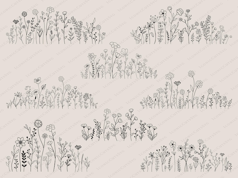 May include: A set of ten black and white line drawings of various wildflower arrangements. Each arrangement features a variety of flowers, leaves, and stems.