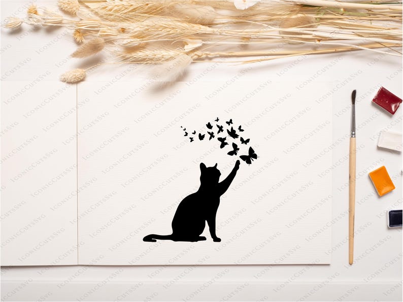 May include: A black silhouette of a cat reaching up to a swarm of butterflies. The cat is sitting on a white background.