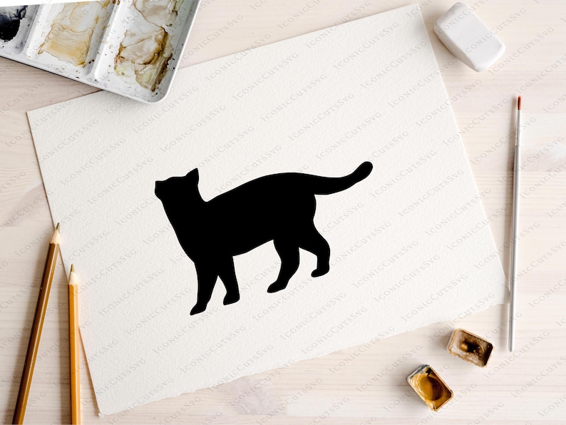 May include: A black silhouette of a cat standing on a white background.