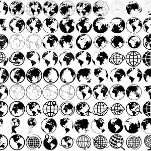 May include: A collection of black and white globe illustrations in various styles. The images include solid globes, outlined globes, and globes with different design elements, suitable for educational or design projects.