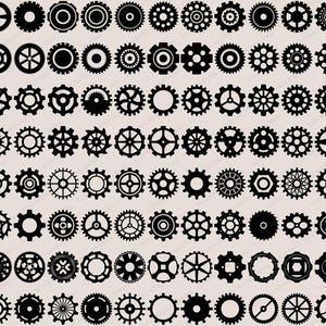 May include: A set of 100 black and white gear icons. The gears are various sizes and shapes, with different numbers of teeth.