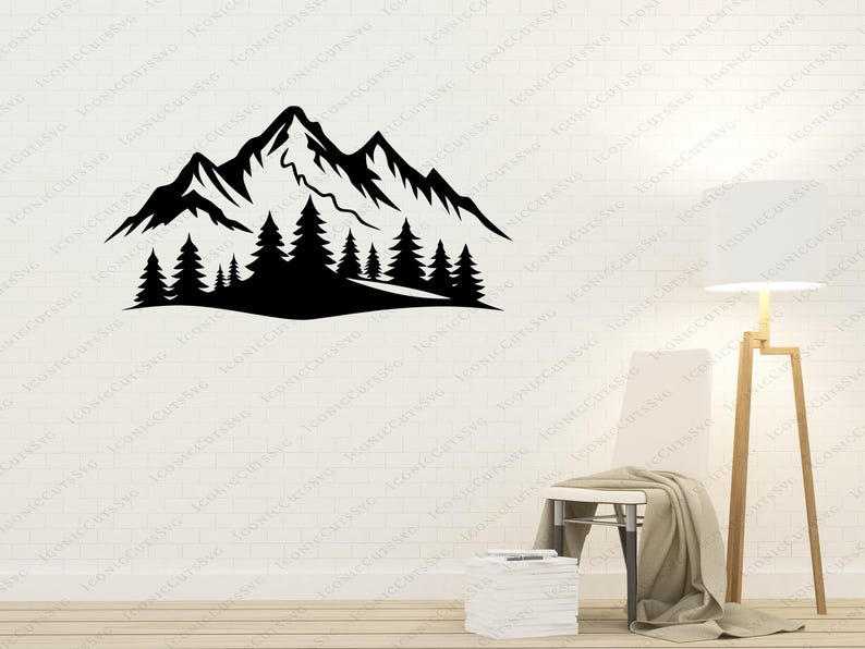 May include: Black mountain and forest silhouette wall decal. The design features a mountain range with several pine trees in the foreground. The decal is a simple, yet elegant, nature-themed design.