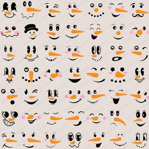 May include: A set of 48 black and white snowman face illustrations. The faces have different expressions, including happy, sad, surprised, and winking. The faces are all in a cartoon style.