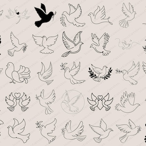 May include: Collection of dove illustrations in various styles. Some are solid black, others are outlined in black, and some hold olive branches. The doves are depicted in flight, with wings spread, and in pairs.