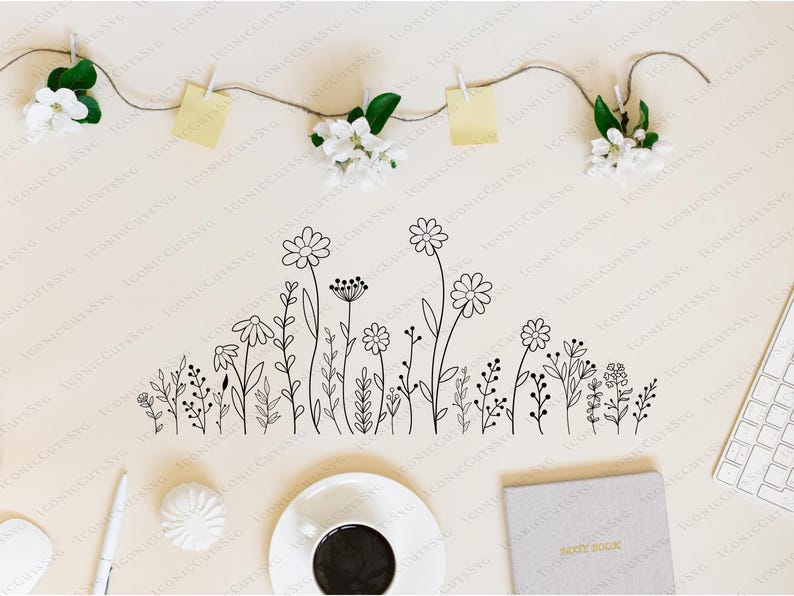 May include: A black and white line drawing of a row of wildflowers with stems and leaves. The flowers are stylized and simple.