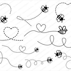 May include: Black and white bee illustrations with dotted flight paths, including hearts and curved lines. The bees have striped bodies and are depicted in various positions, creating a whimsical design.