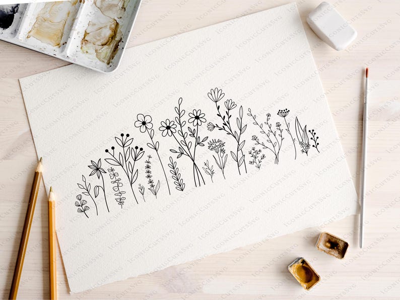 May include: A black and white line drawing of a row of various flowers and plants on a white background.