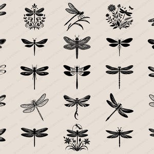 Puede incluir: Una colección de ilustraciones de libélulas negras en varias poses y estilos. Algunas libélulas están representadas con detalles florales, mientras que otras son siluetas simples. Adecuado para manualidades, scrapbooking u otros proyectos creativos.