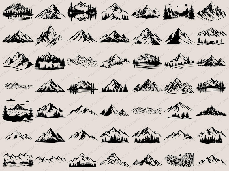May include: A collection of black and white mountain illustrations. The designs vary, showcasing different mountain ranges with trees, lakes, and varying peaks. The images are suitable for outdoor-themed projects.