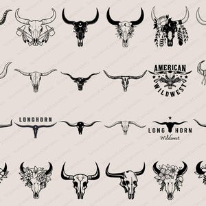 Könnte beinhalten: Eine Sammlung von Schwarz-Weiß-Illustrationen mit Bullenschädeln und Longhorn-Designs. Einige Schädel sind mit floralen Elementen, Federn oder Himmelsmotiven verziert. Der Text "AMERICAN WILDWEST" und "LONGHORN Wildwest" ist ebenfalls enthalten.