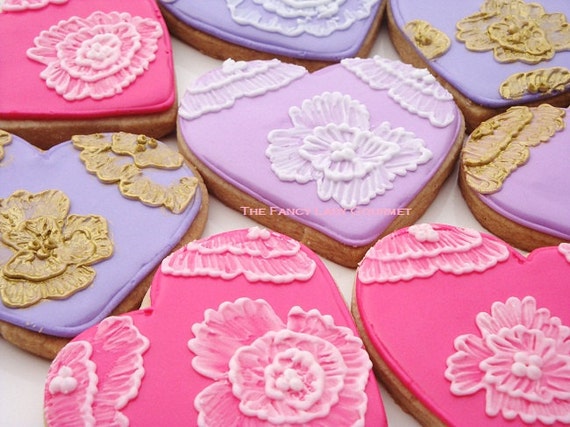 Items similar to Fancy Brush Embroidery Heart Cookies 1 dozen Special ...