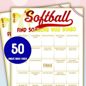 Softball Find Someone Who Bingo, 50 Softball Bingo Cards for Softball Team Party, Kid&#39;s Printable, Softball Team Building Game, WCWS