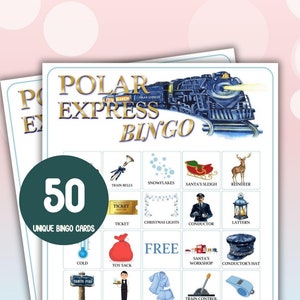 Juego de bingo en tren expreso de Navidad. 50 cartones de bingo para fiesta navideña, Polar