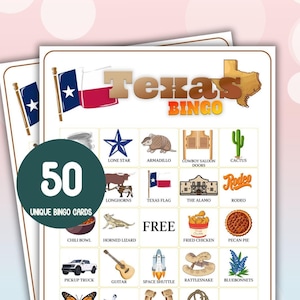 May include: A set of 50 unique Texas Bingo cards. Each card features a 5x5 grid with images representing Texas culture, such as a lone star, armadillo, cactus, longhorns, Texas flag, the Alamo, rodeo, chili bowl, horned lizard, fried chicken, pecan pie, pickup truck, guitar, space shuttle, rattlesnake, bluebonnets, monarch butterfly, spurs, horseshoe, cowboy lasso, and ranch fence. The cards are printed on white paper with a blue border.