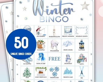 Winter Bingo Game: 50 Unique Cards, Christmas Party (Digital Download)