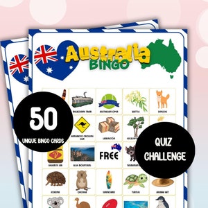 May include: A printable Australia Bingo card game with 50 unique bingo cards. The card features images of Australian animals, landmarks, and culture. The card also includes the text "Quiz Challenge".